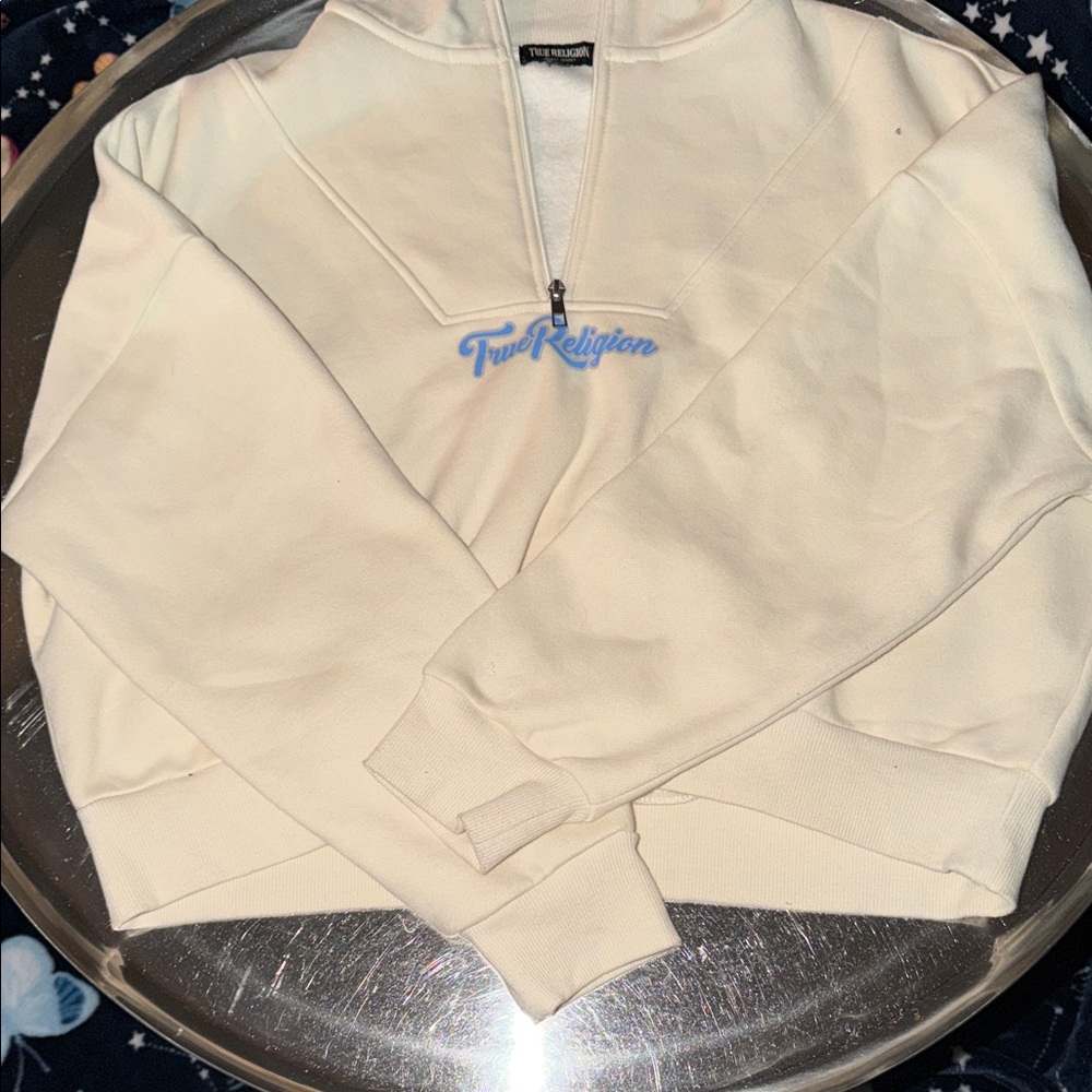 True Religion Off-White Half-Zip Pullover with Blue Embroidery